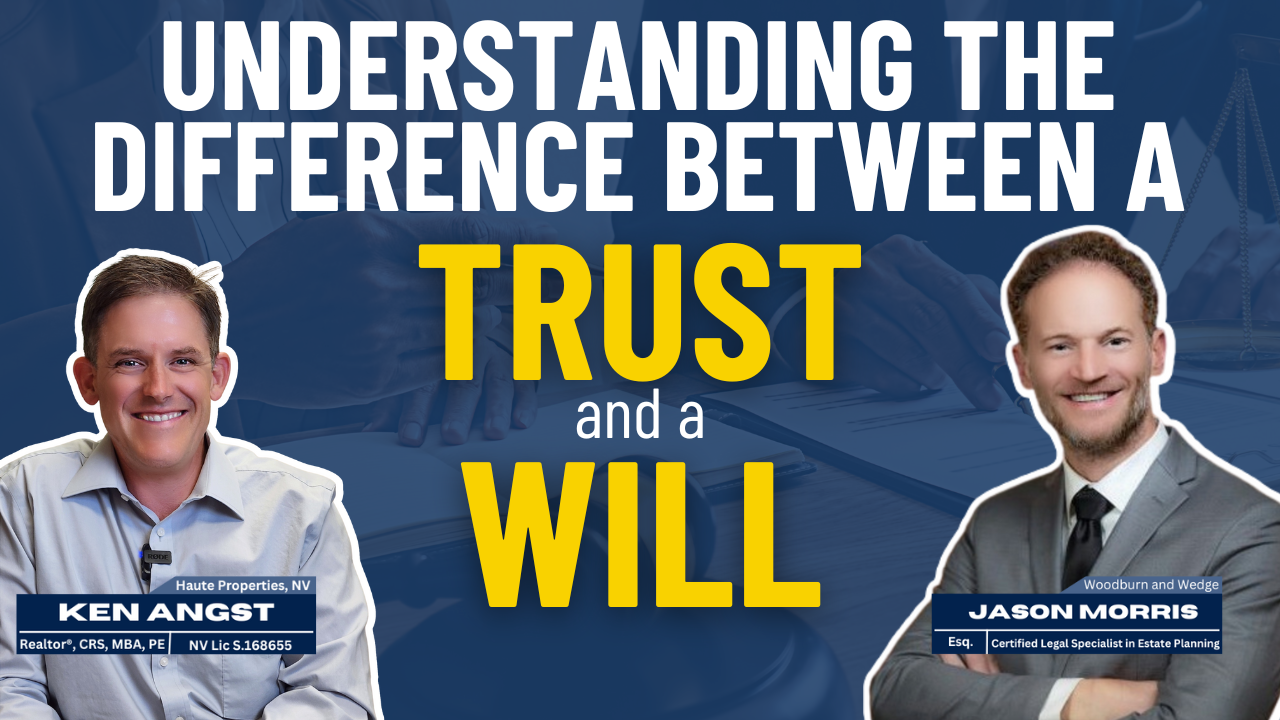 Text Understanding the differences between a will and a trust with images of Ken Angst and Jason Morris. 