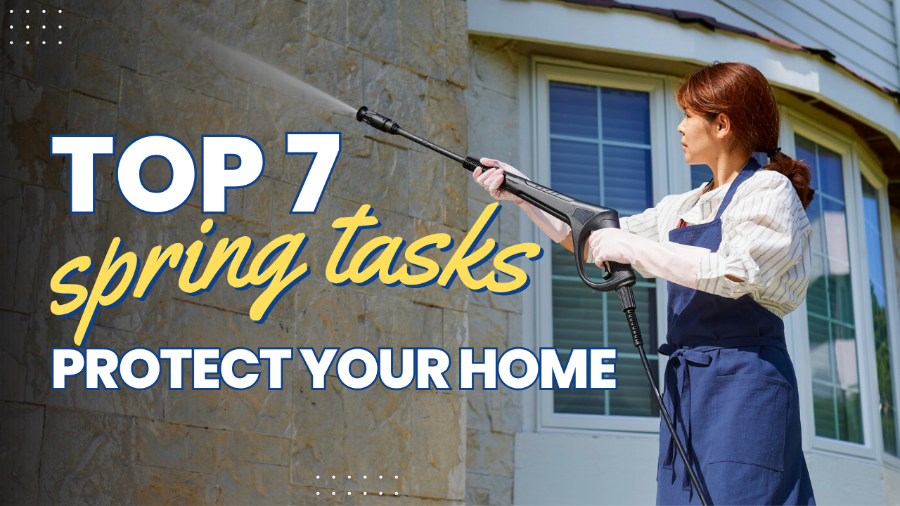 Top 7 spring tasks to protect your home. Woman with pressure washer spraying home. 