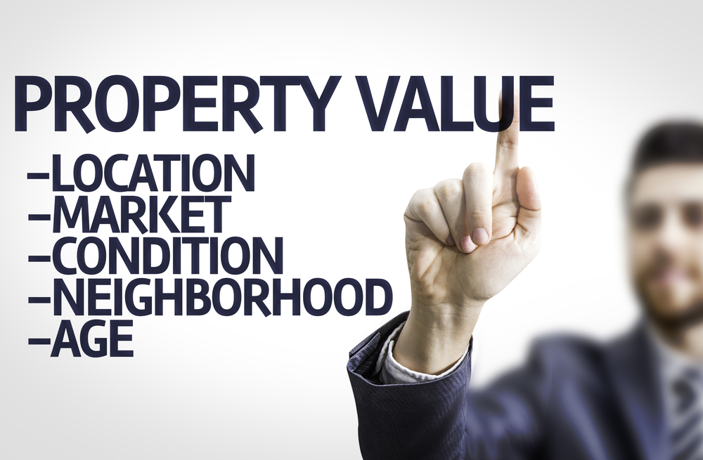 Text Property Value, Location, Market, Condition Neighborhood. Blurred image os man in suit pointing.