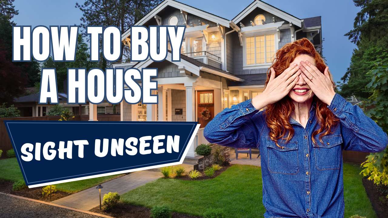 Text How to Buy a House Sight Unscreen, image of woman covering her eyes in from of a house. 