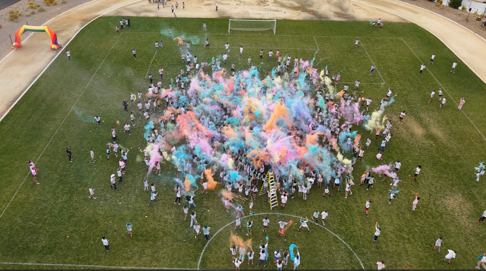 Overhead shot of the color run at Marce Herz Middle School