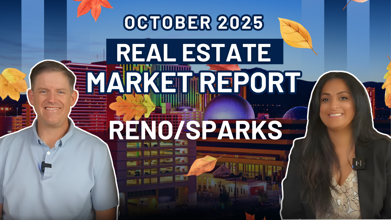 Text October 2025 Real Estate Market Report with images of Ken Angst and Neetha Gorla. Downtown Reno image in the background