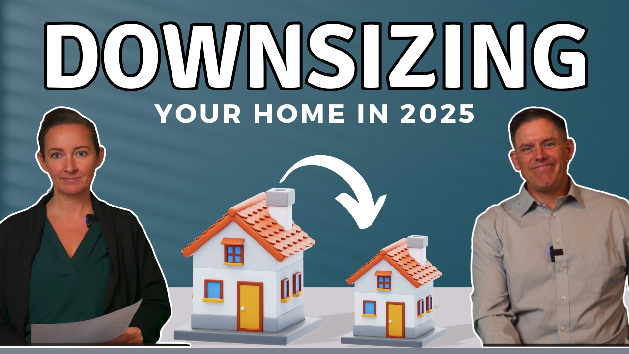 Text Downsizing Your Home in 2025 with images of Ken Angst and Elena Boland