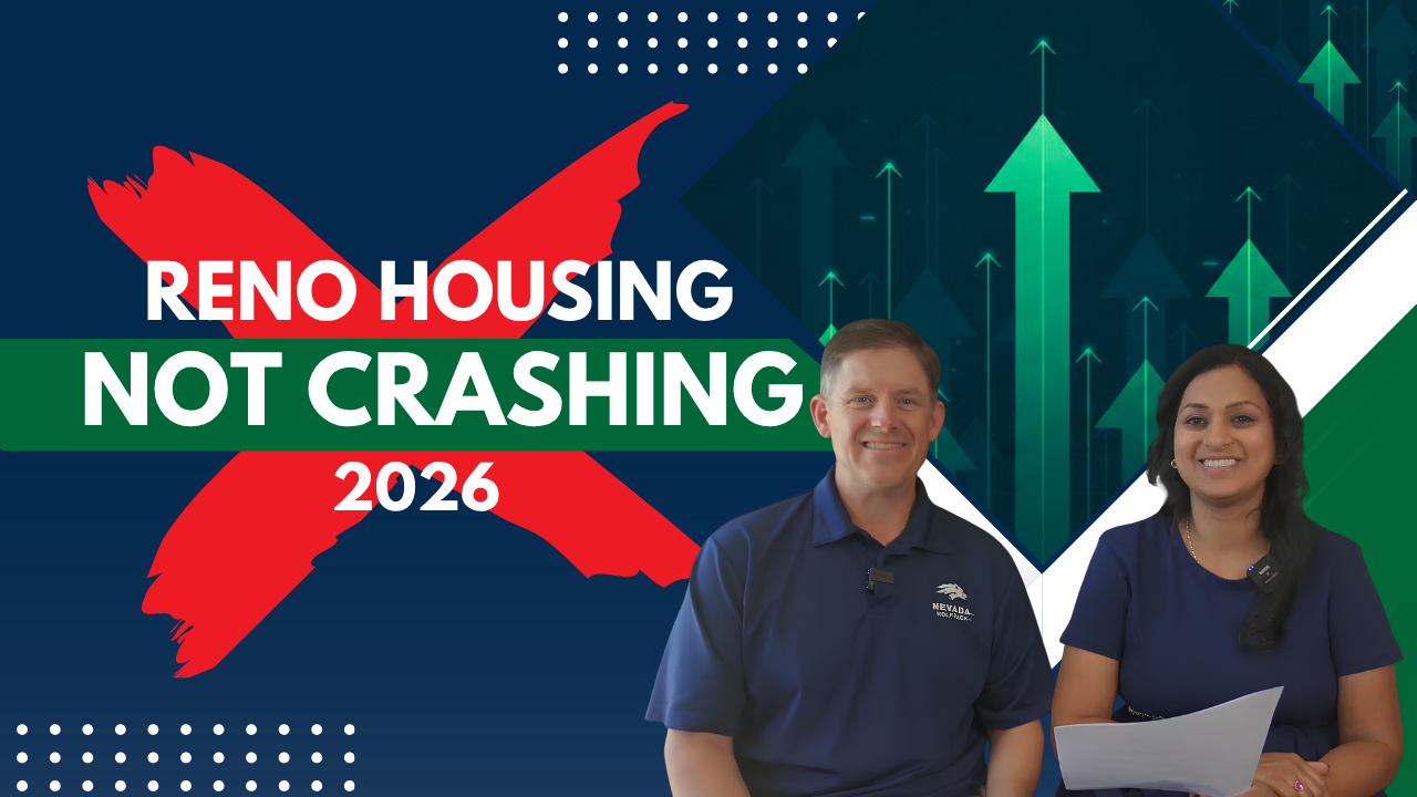 Text: Reno Housing Not Crashing in 2026. Images of Ken Angst and Neetha Gorla, Haute Properties Realtors