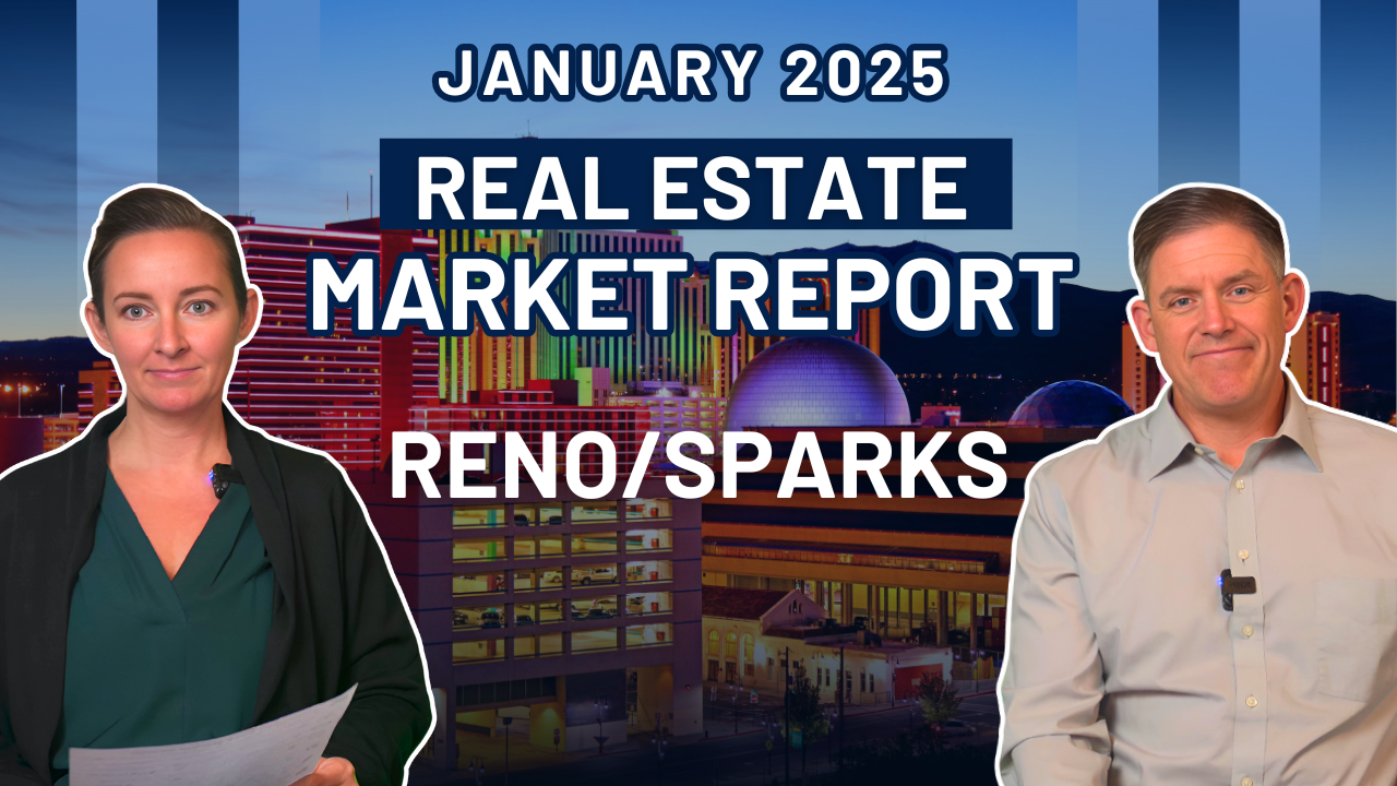 Text January 2025 Real Estate Market Report Reno/Sparks over image of downtown Reno. Images of Ken Angst and Elena Boland