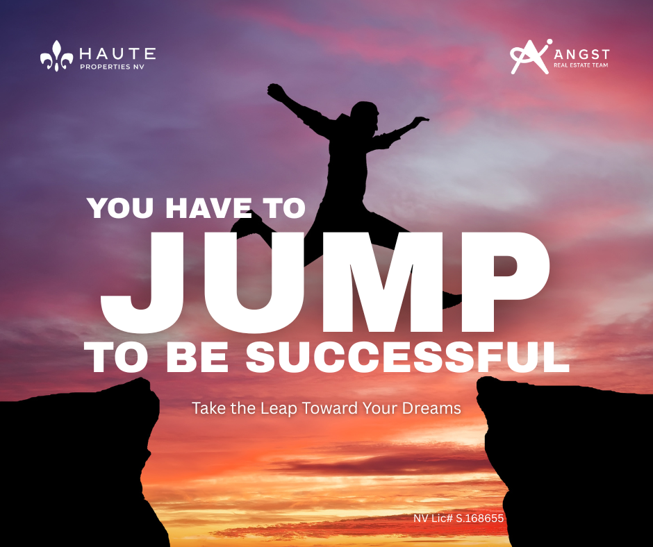 Person jumping between ledges with sunset backgroun. Text You have to JUMP to be Successful. 
