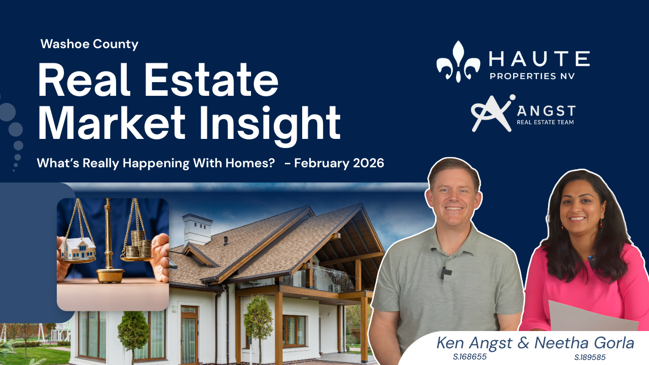 Real Estate Market Report Text. images of Ken Angst and Neetha Gorla Haute Properties Realtors with home in background