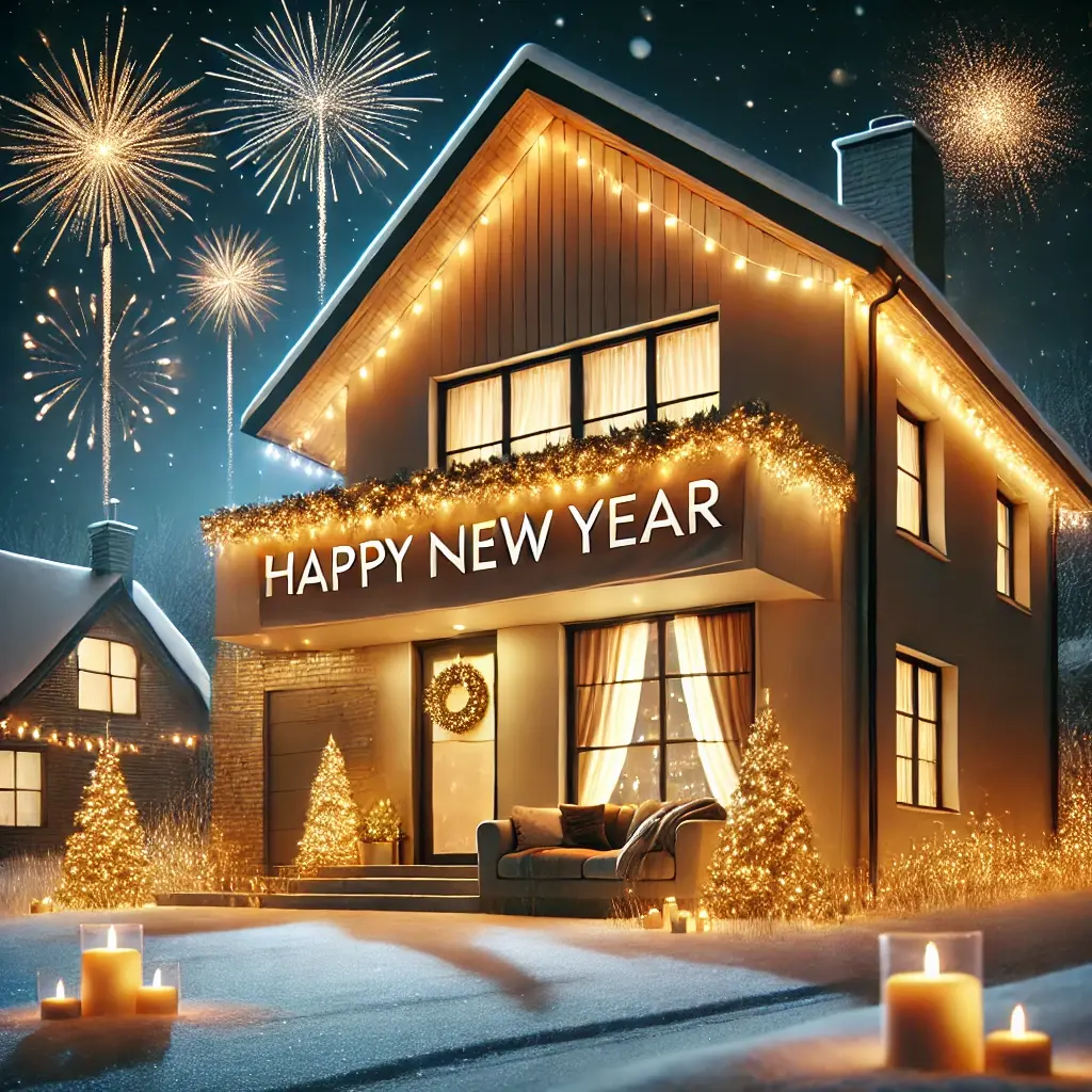 A modern family home at night, glowing warmly with festive New Year decorations. The setting includes subtle fireworks in the background, golden string lights