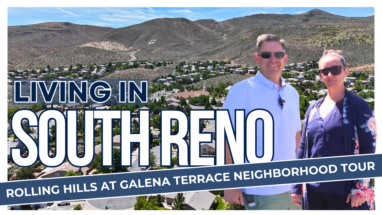 Rolling Hills Living in South Reno text with overhead image of neighborhood and Ken Angst and Elena Boland