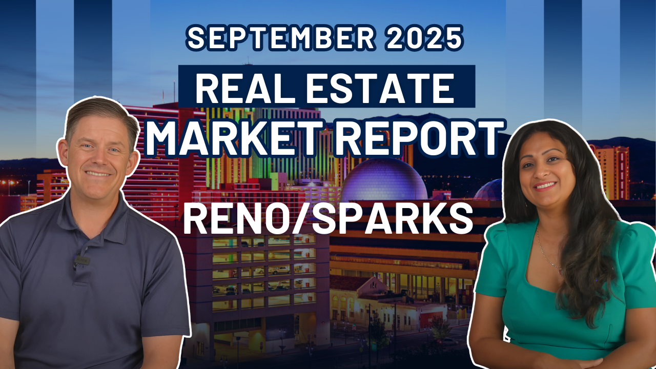 September Real Estate Market Report Reno/Sparks text wirh Reno background and photos of Ken ANgst and  Neetha Gorla