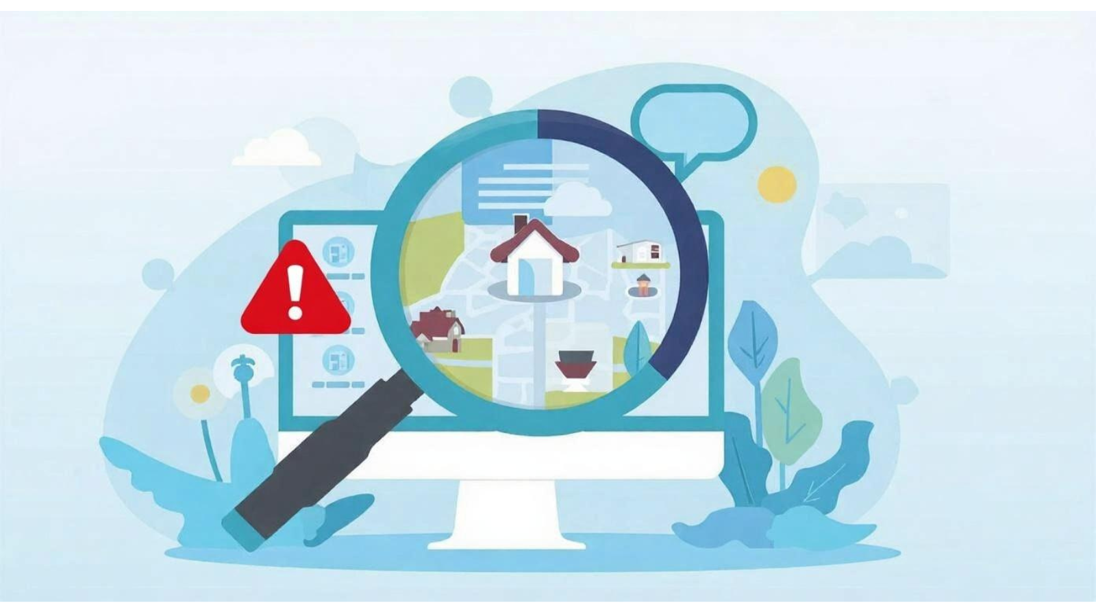 Graphic image of computer screen with microscope zooming in on home. Red alert image to the left. 